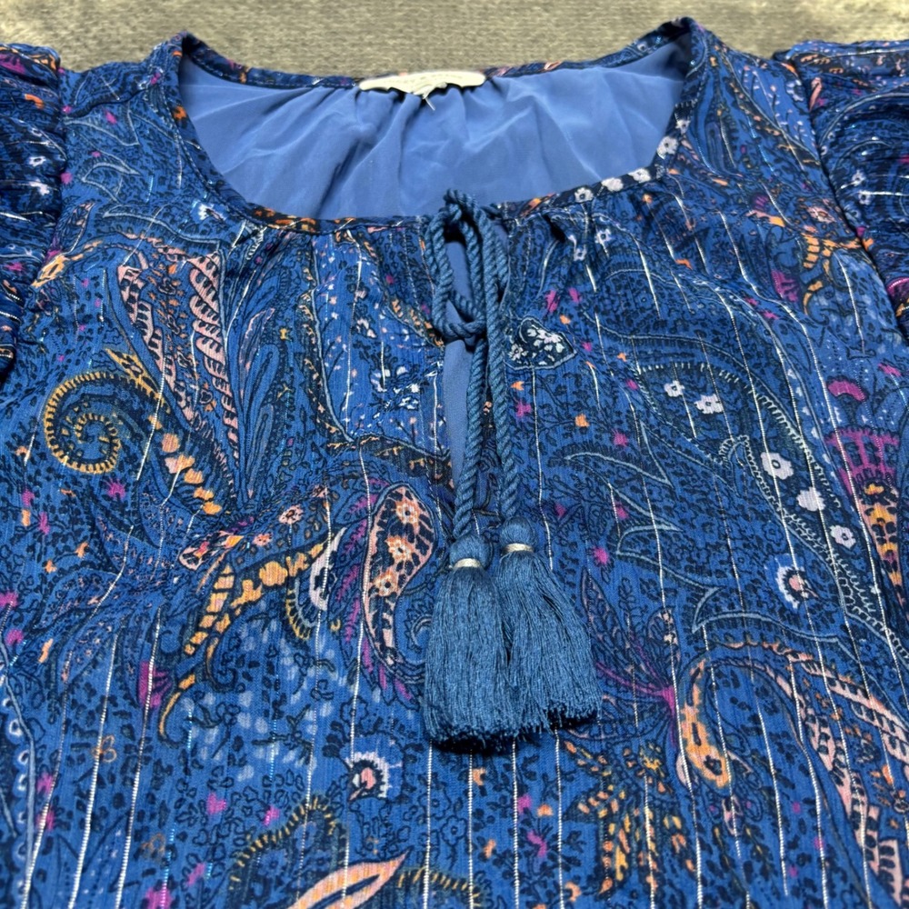 Lucky Brand Blue Paisley Metallic Lurex Tassel Flutter Sleeve Blouse Large - Picture 3 of 6
